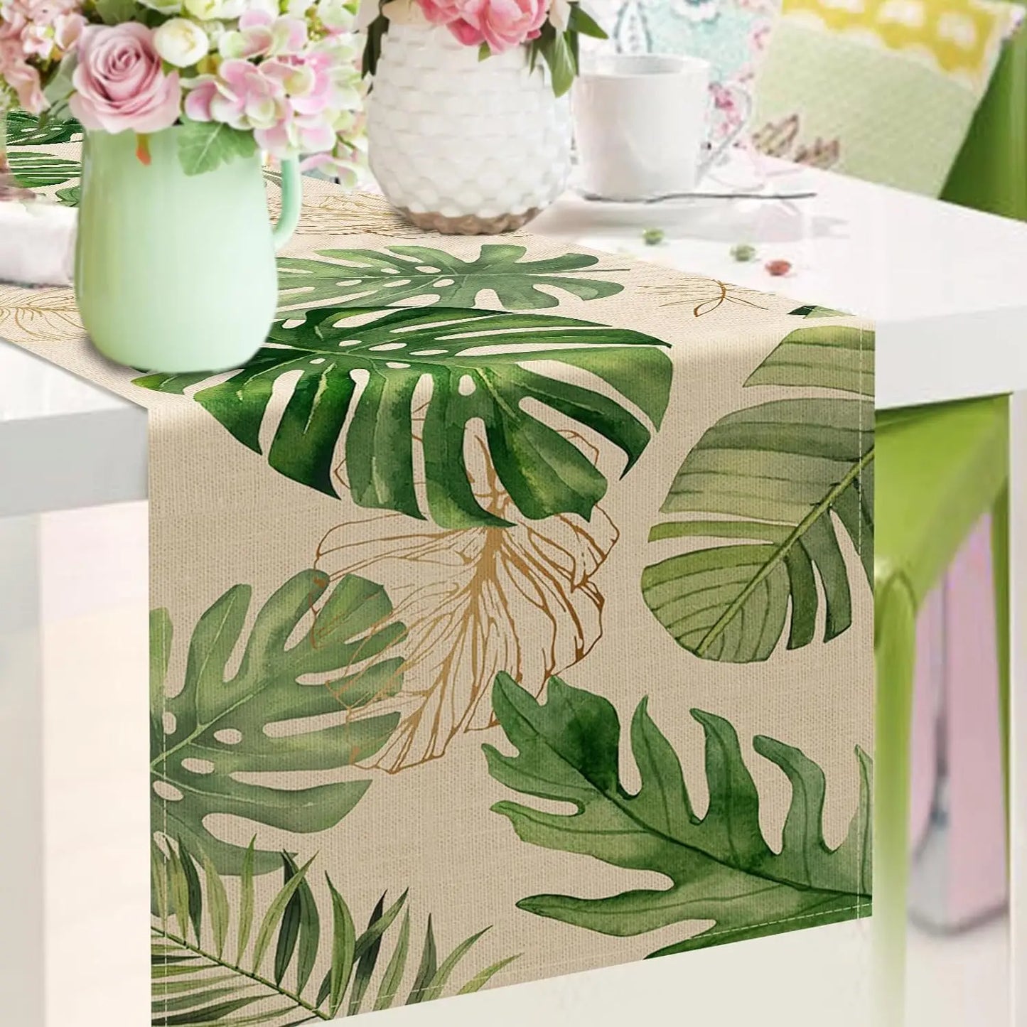Tropical Greenery Linen Table Runner