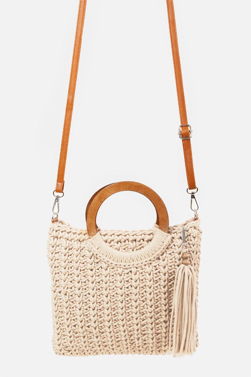 Fame Crochet Knit Convertible Tote Bag with Tassel - Blossoms&Moss