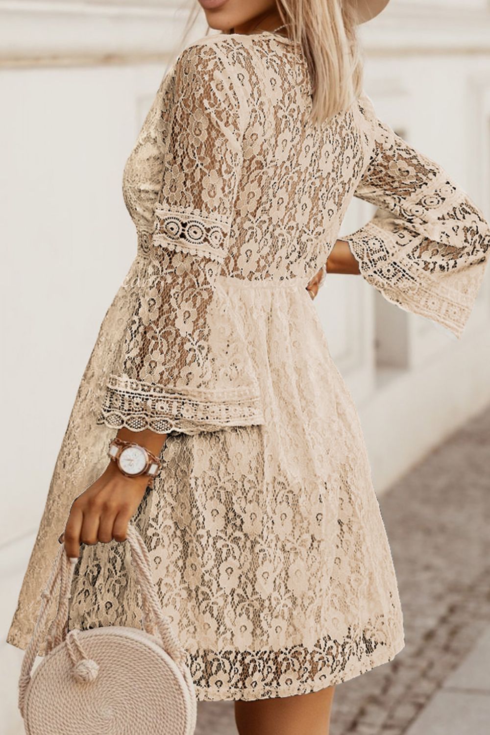Lace V - Neck Three - Quarter Sleeve Dress - Blossoms&Moss