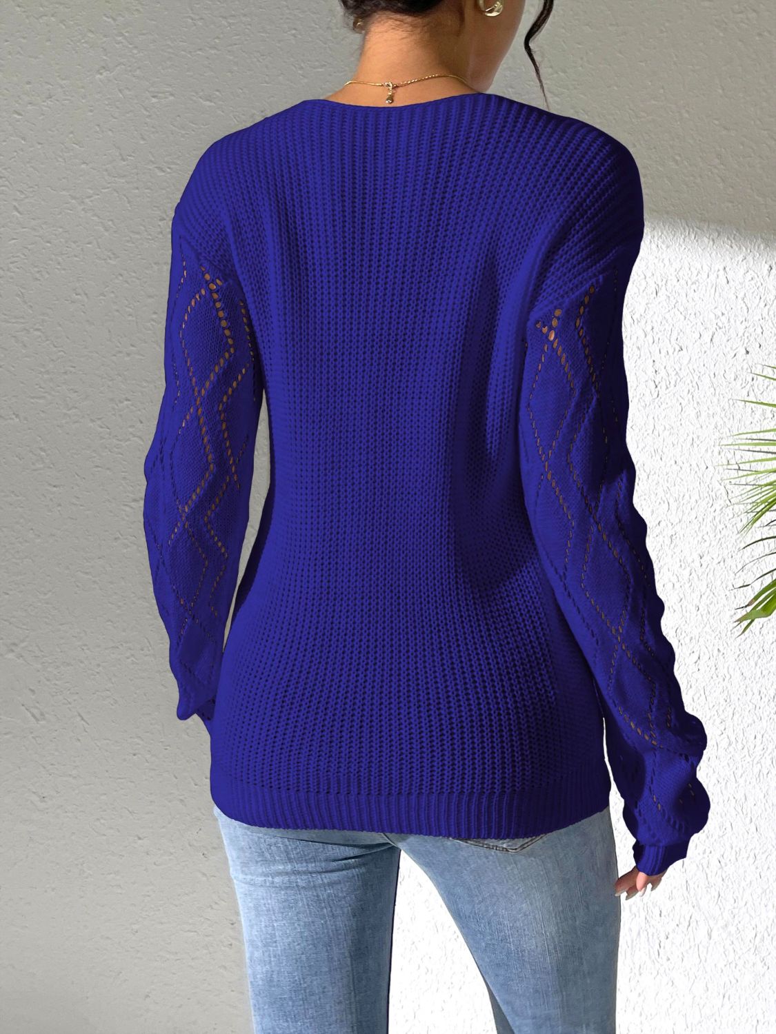 Openwork V - Neck Long Sleeve Sweater - Blossoms&Moss