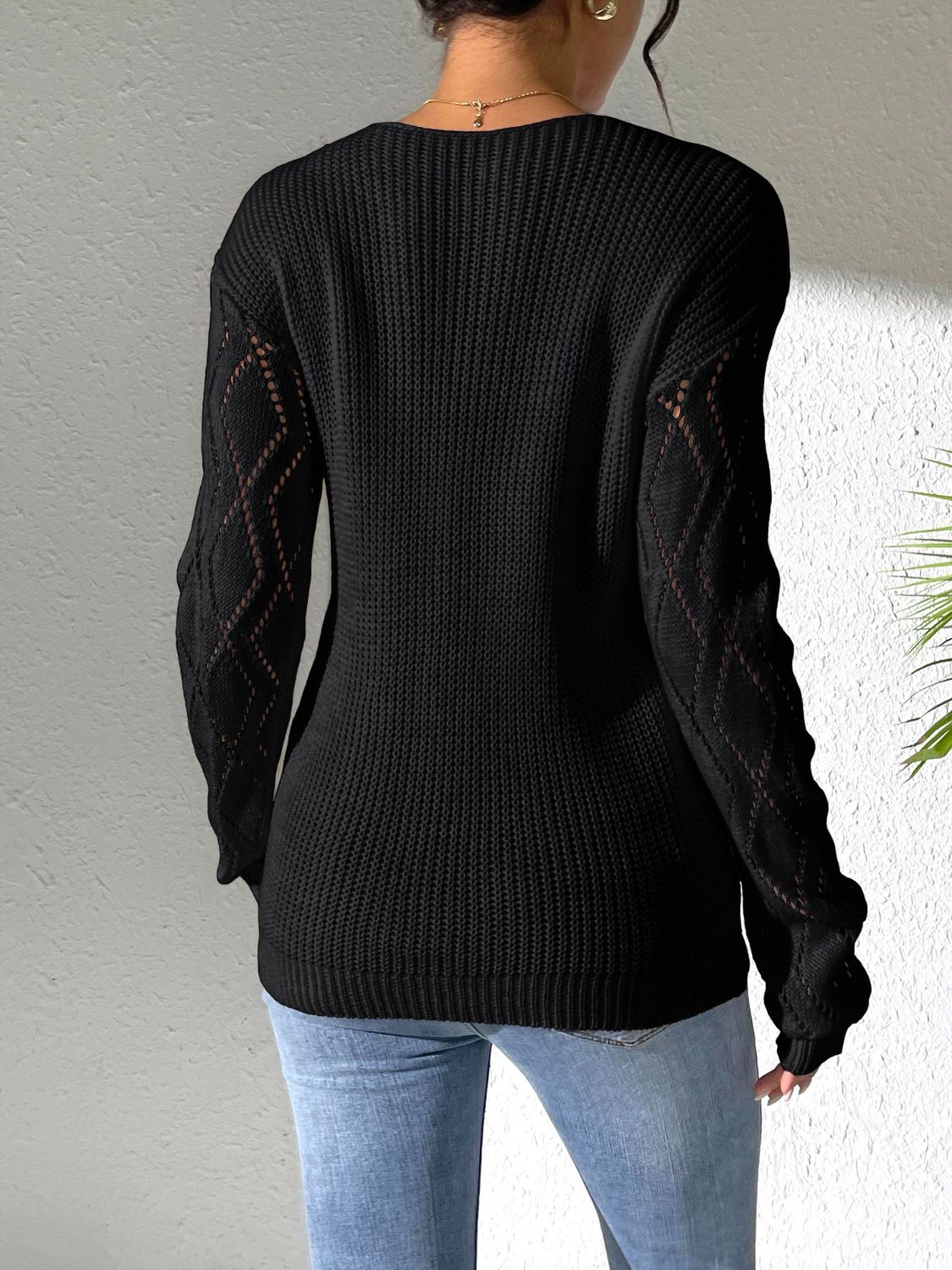Openwork V - Neck Long Sleeve Sweater - Blossoms&Moss