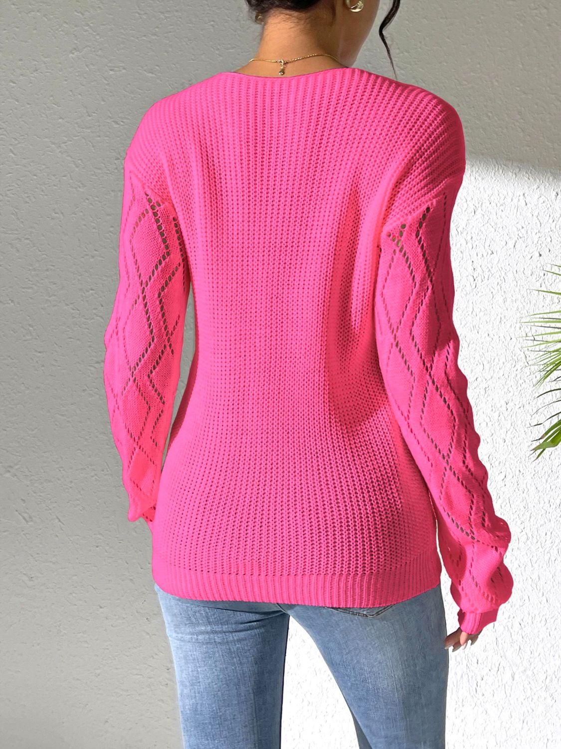 Openwork V - Neck Long Sleeve Sweater - Blossoms&Moss