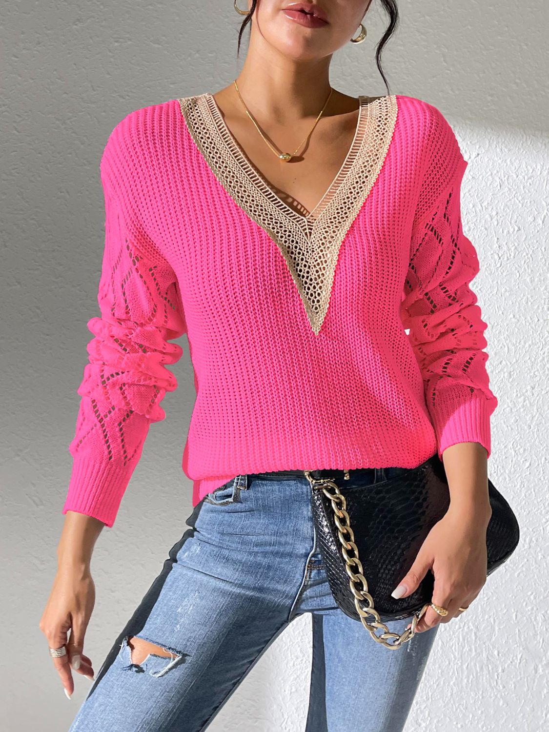 Openwork V - Neck Long Sleeve Sweater - Blossoms&Moss
