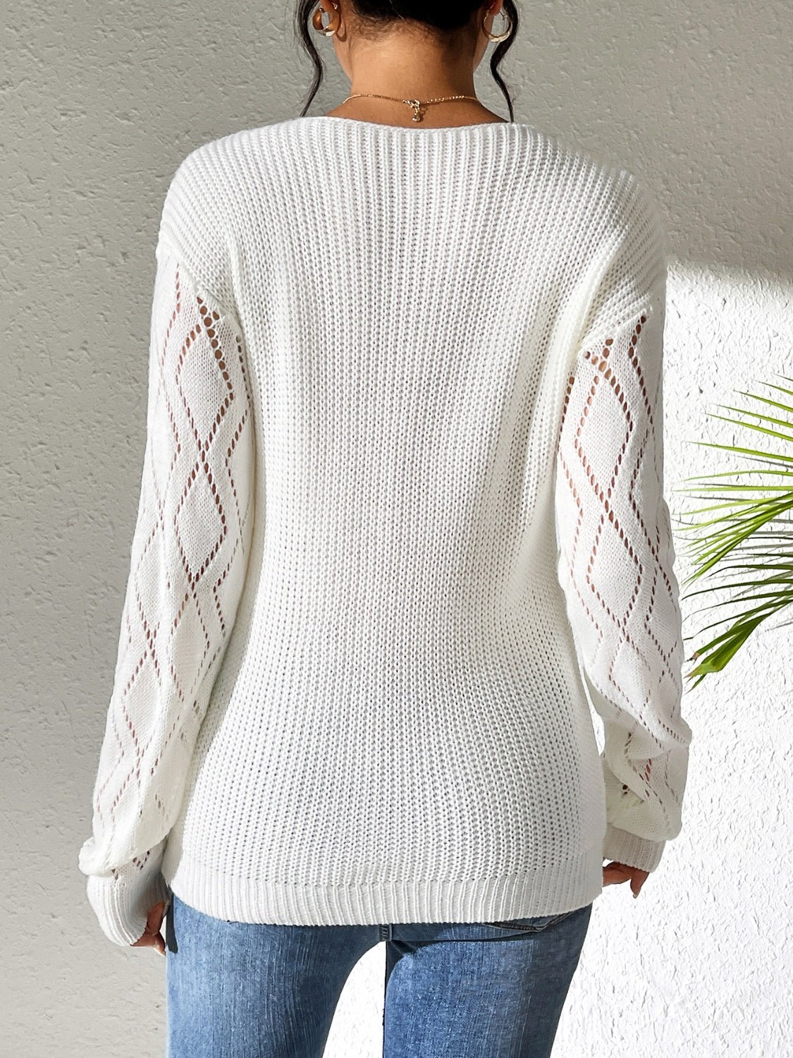 Openwork V - Neck Long Sleeve Sweater - Blossoms&Moss