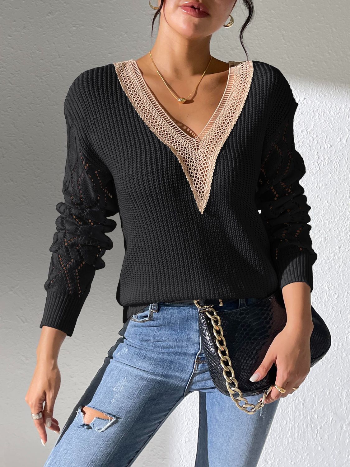 Openwork V - Neck Long Sleeve Sweater - Blossoms&Moss