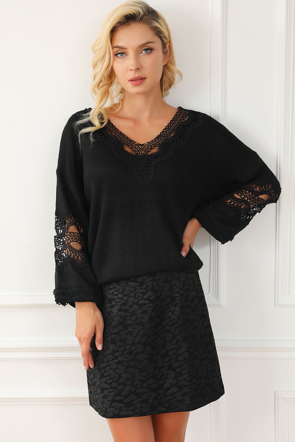 Openwork V - Neck Raglan Sleeve Sweater - Blossoms&Moss