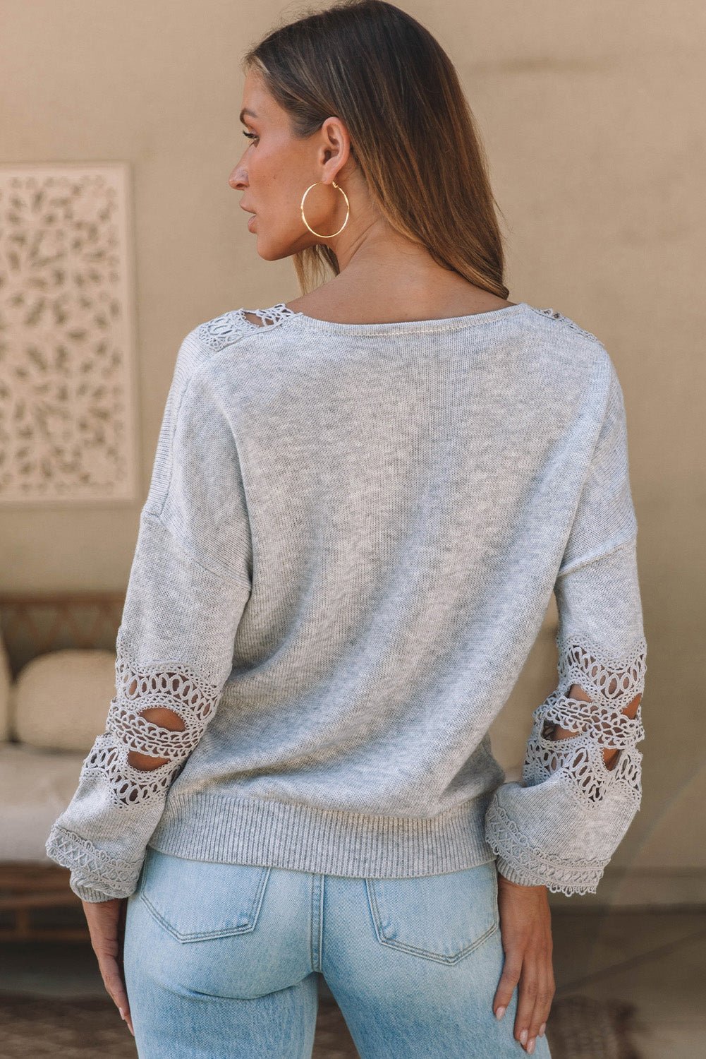 Openwork V - Neck Raglan Sleeve Sweater - Blossoms&Moss