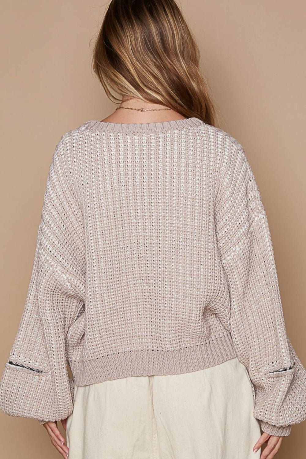 POL Round Neck Heart Patch Zipper Point Sleeve Sweater - Blossoms&Moss