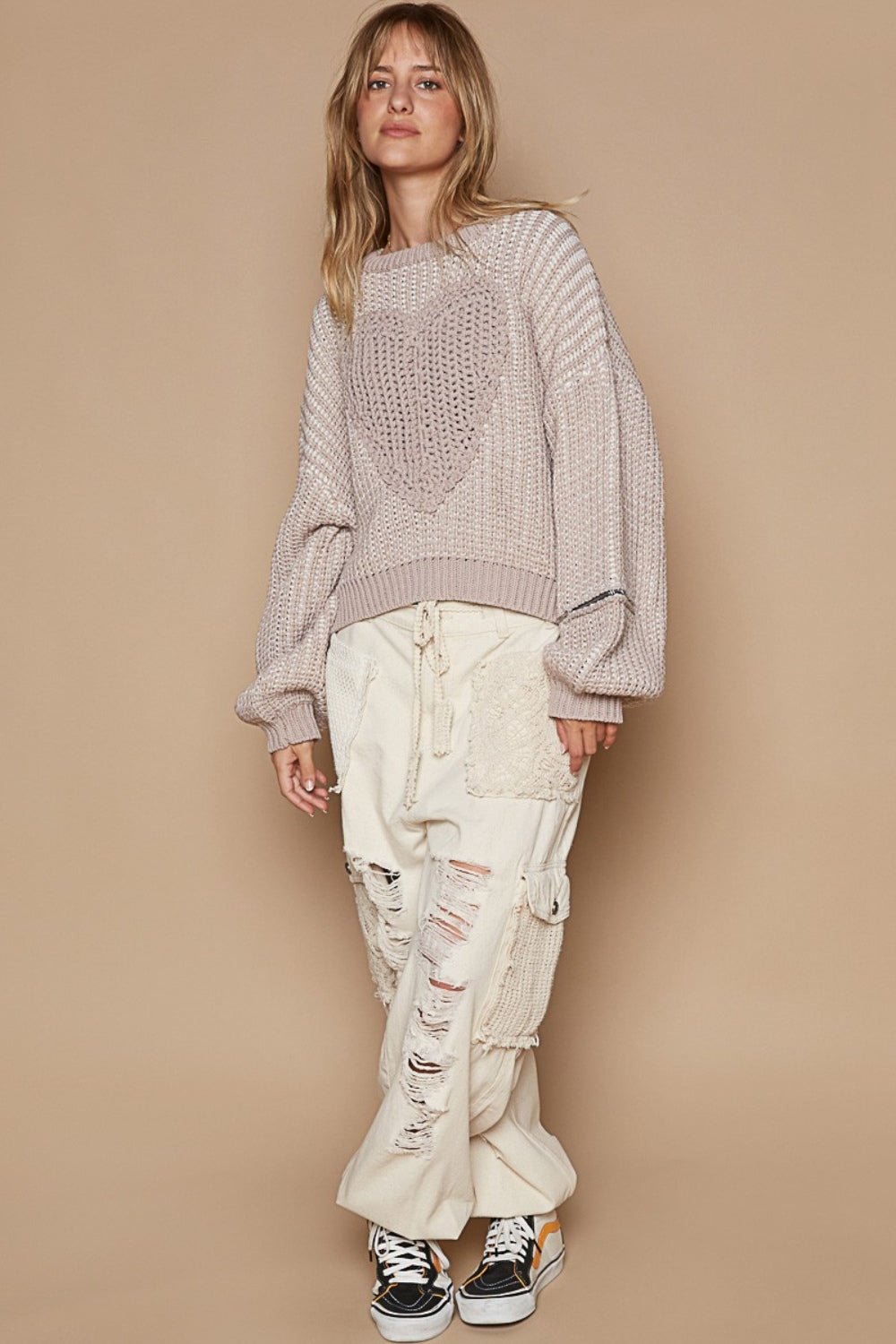 POL Round Neck Heart Patch Zipper Point Sleeve Sweater - Blossoms&Moss