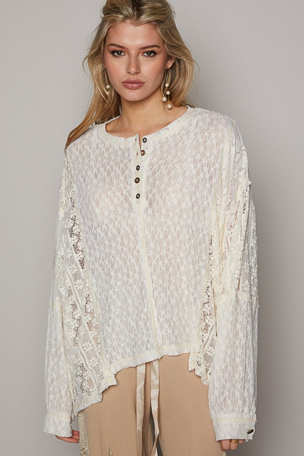 POL Round Neck Long Sleeve Raw Edge Lace Top - Blossoms&Moss