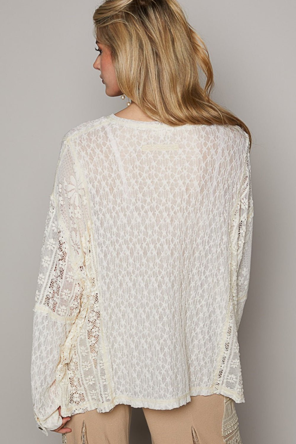 POL Round Neck Long Sleeve Raw Edge Lace Top - Blossoms&Moss