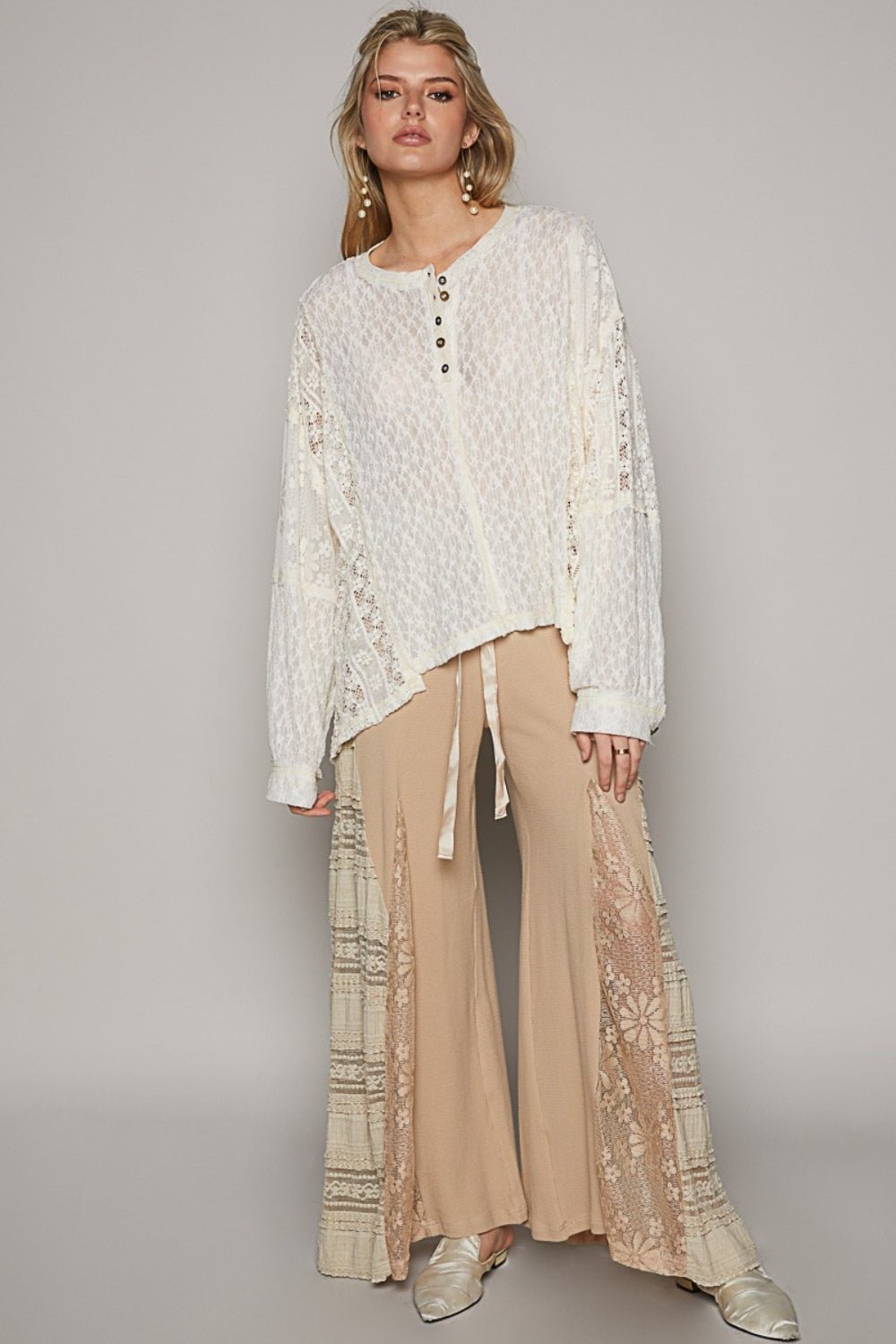 POL Round Neck Long Sleeve Raw Edge Lace Top - Blossoms&Moss