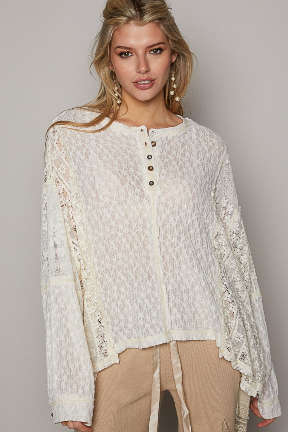 POL Round Neck Long Sleeve Raw Edge Lace Top - Blossoms&Moss