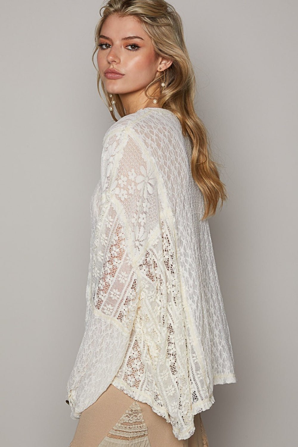 POL Round Neck Long Sleeve Raw Edge Lace Top - Blossoms&Moss