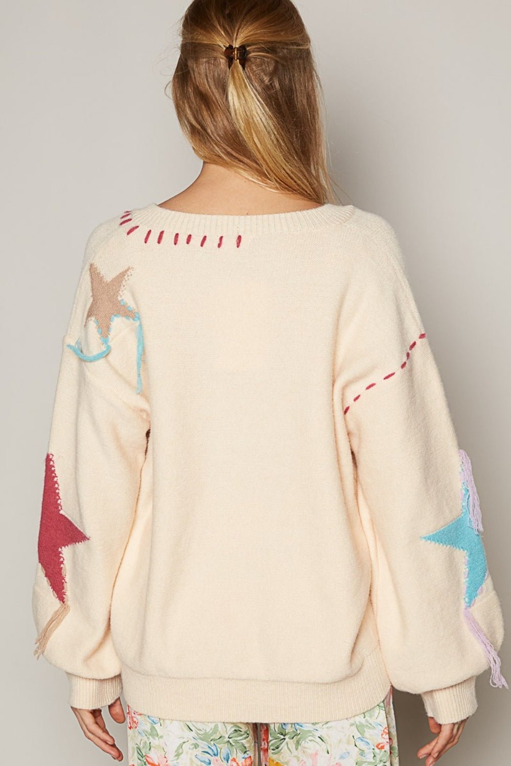 POL V - Neck Long Sleeve Star Fringe Sweater - Blossoms&Moss