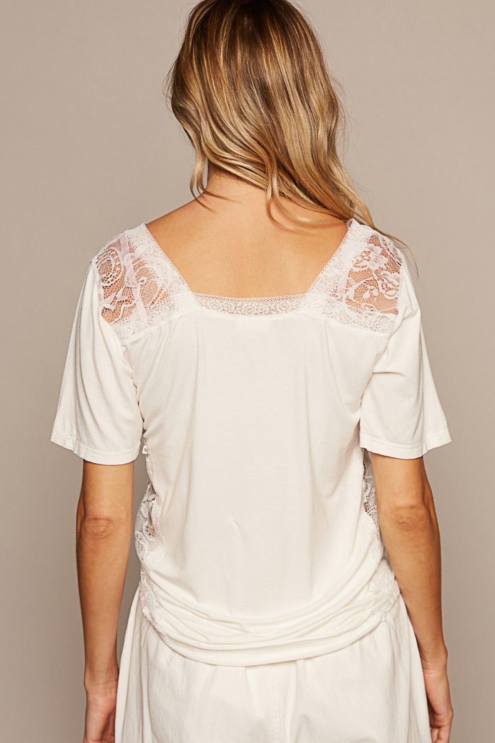 POL V - Neck Short Sleeve Lace Trim Top - Blossoms&Moss