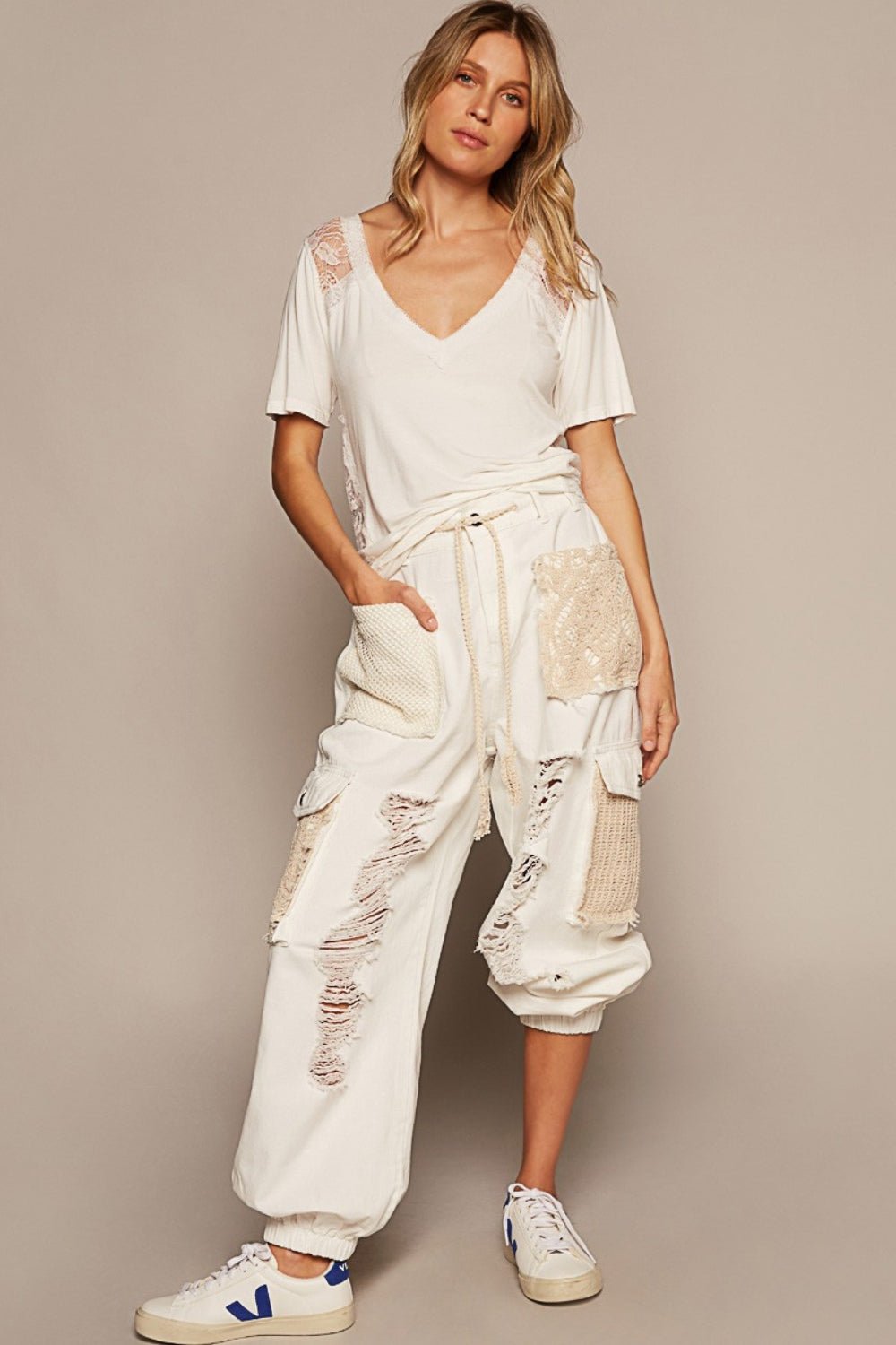POL V - Neck Short Sleeve Lace Trim Top - Blossoms&Moss