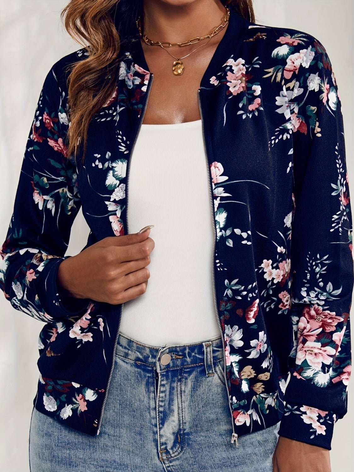 Printed Zip Up Long Sleeve Outerwear - Blossoms&Moss