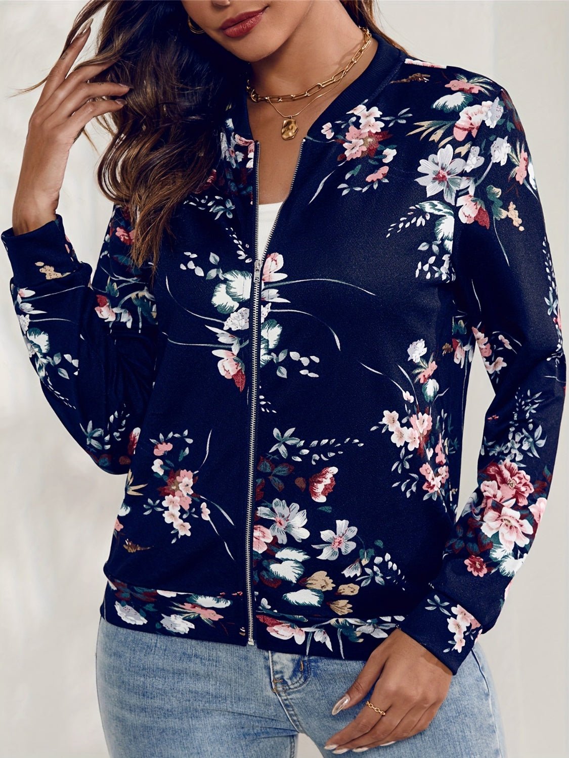 Printed Zip Up Long Sleeve Outerwear - Blossoms&Moss