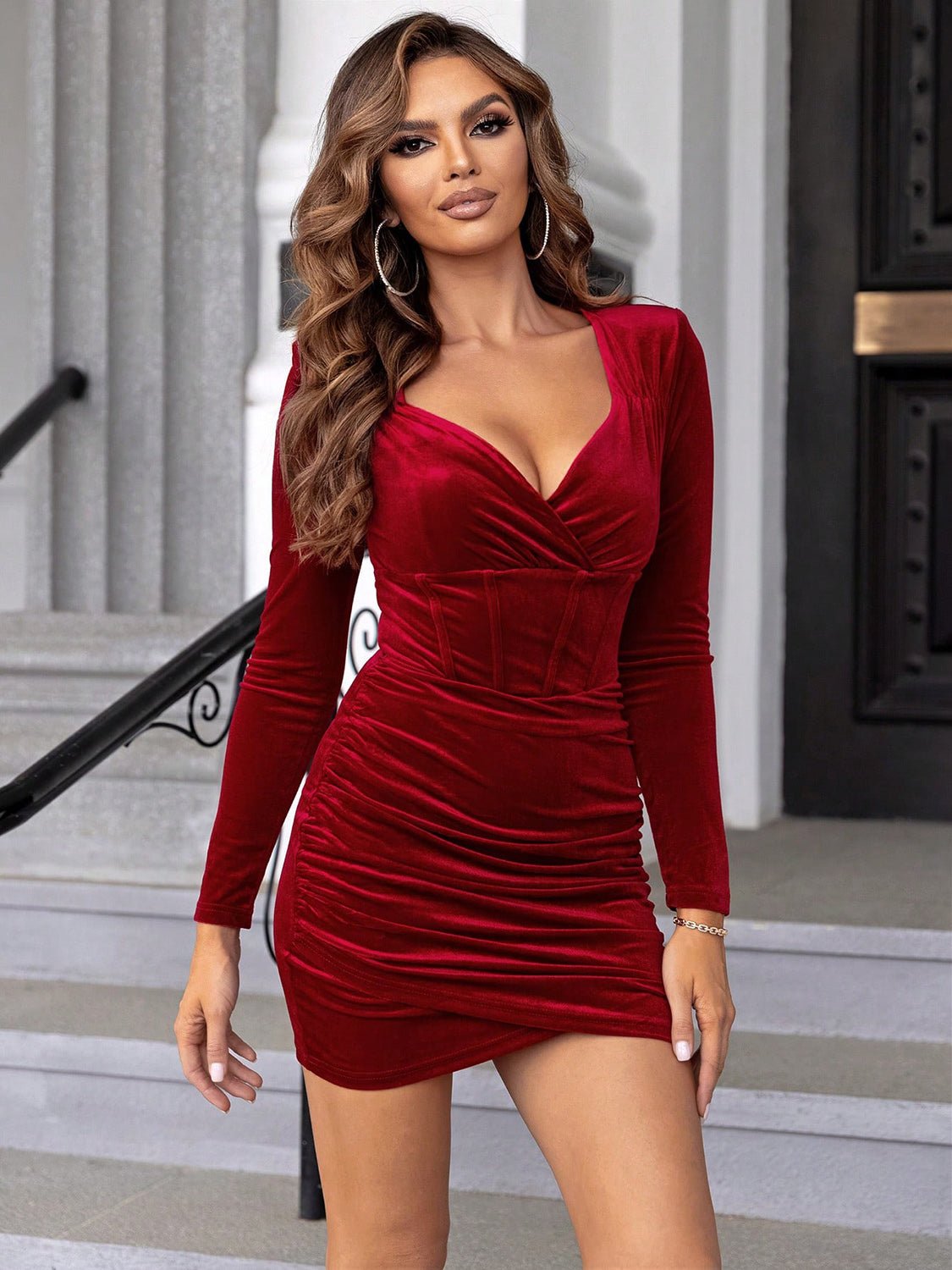 Ruched Surplice Long Sleeve Mini Dress - Blossoms&Moss