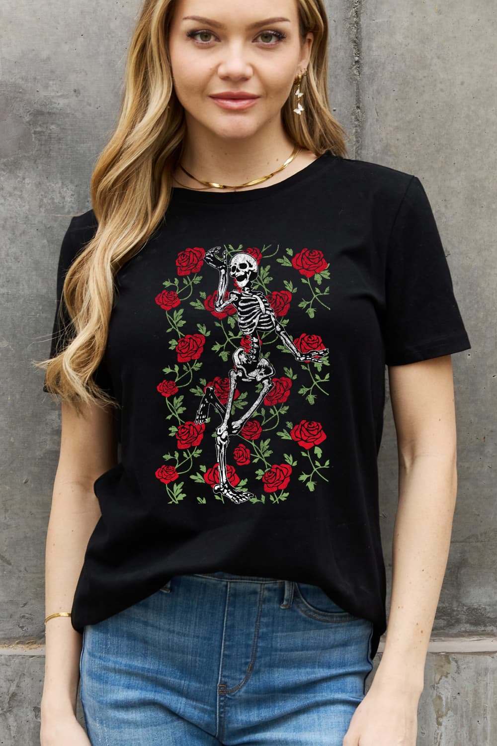 Simply Love Full Size Skeleton & Rose Graphic Cotton Tee - Blossoms&Moss
