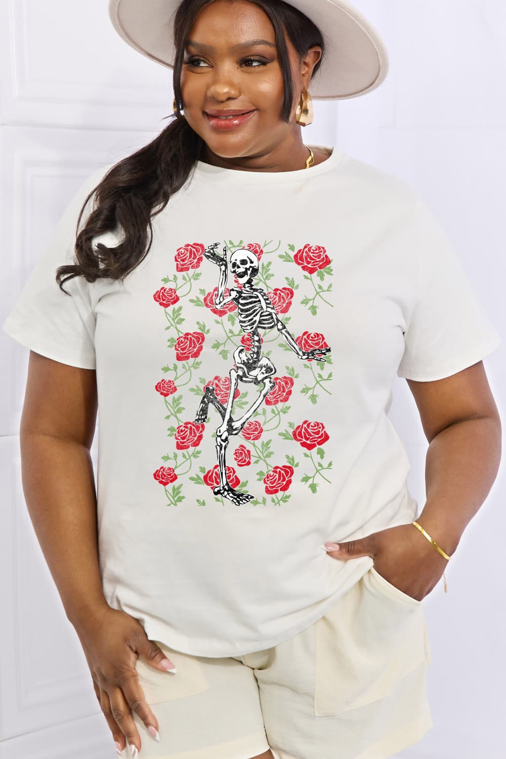 Simply Love Full Size Skeleton & Rose Graphic Cotton Tee - Blossoms&Moss