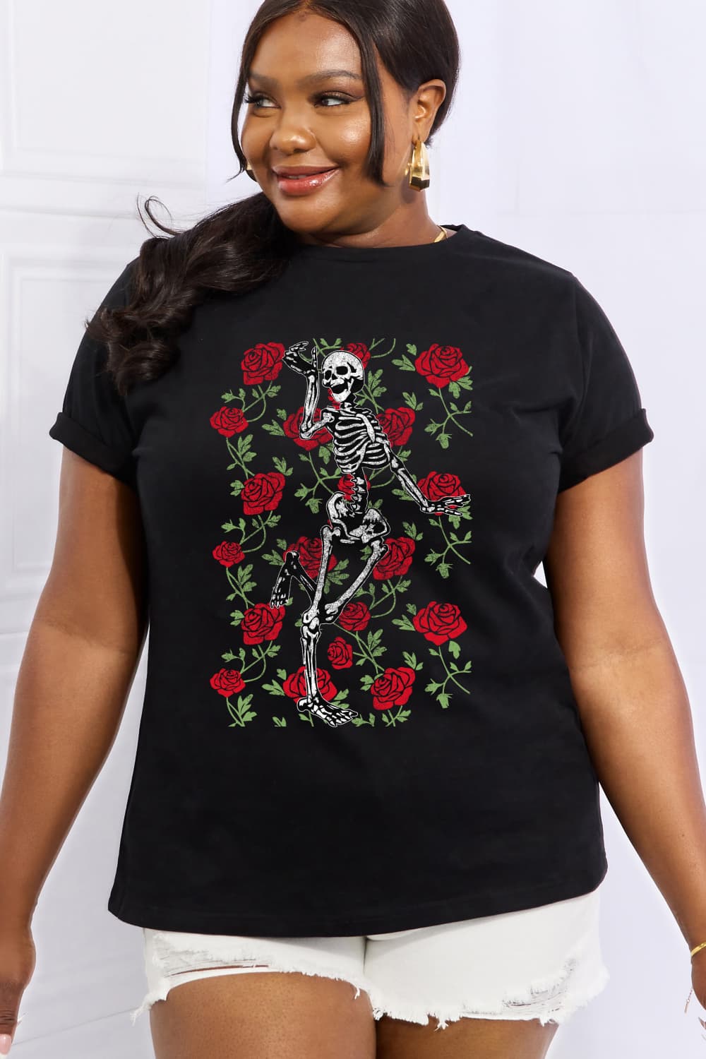 Simply Love Full Size Skeleton & Rose Graphic Cotton Tee - Blossoms&Moss