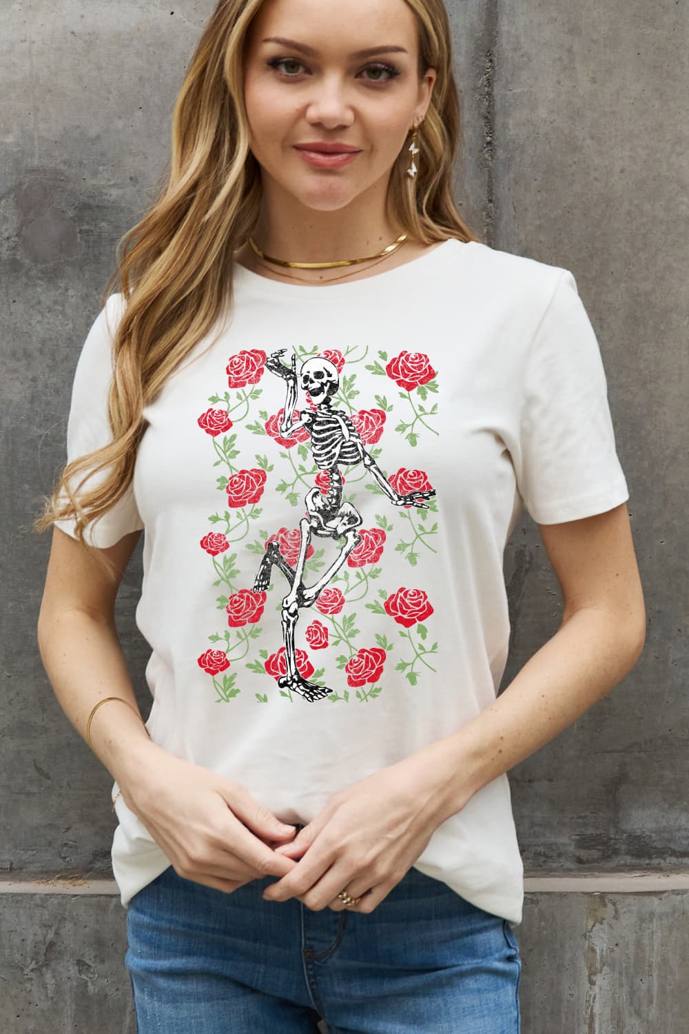Simply Love Full Size Skeleton & Rose Graphic Cotton Tee - Blossoms&Moss