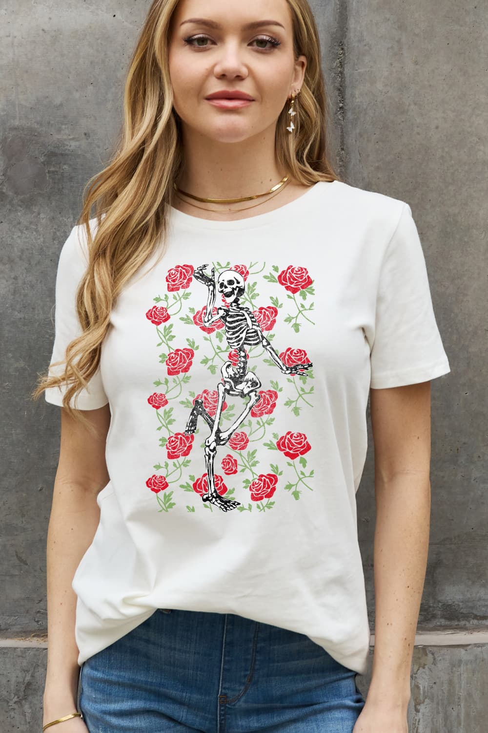 Simply Love Full Size Skeleton & Rose Graphic Cotton Tee - Blossoms&Moss