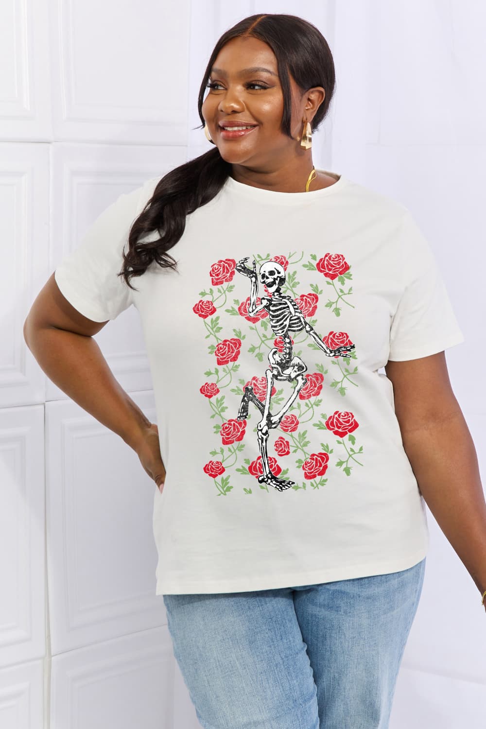 Simply Love Full Size Skeleton & Rose Graphic Cotton Tee - Blossoms&Moss