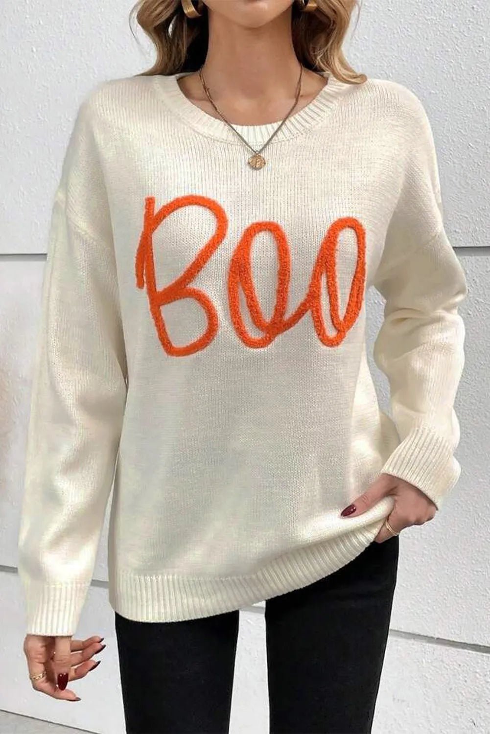 BOO Round Neck Long Sleeve Sweater - Blossoms&Moss