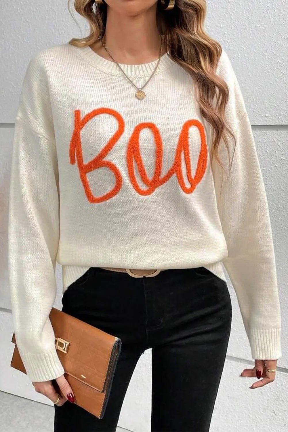 BOO Round Neck Long Sleeve Sweater - Blossoms&Moss