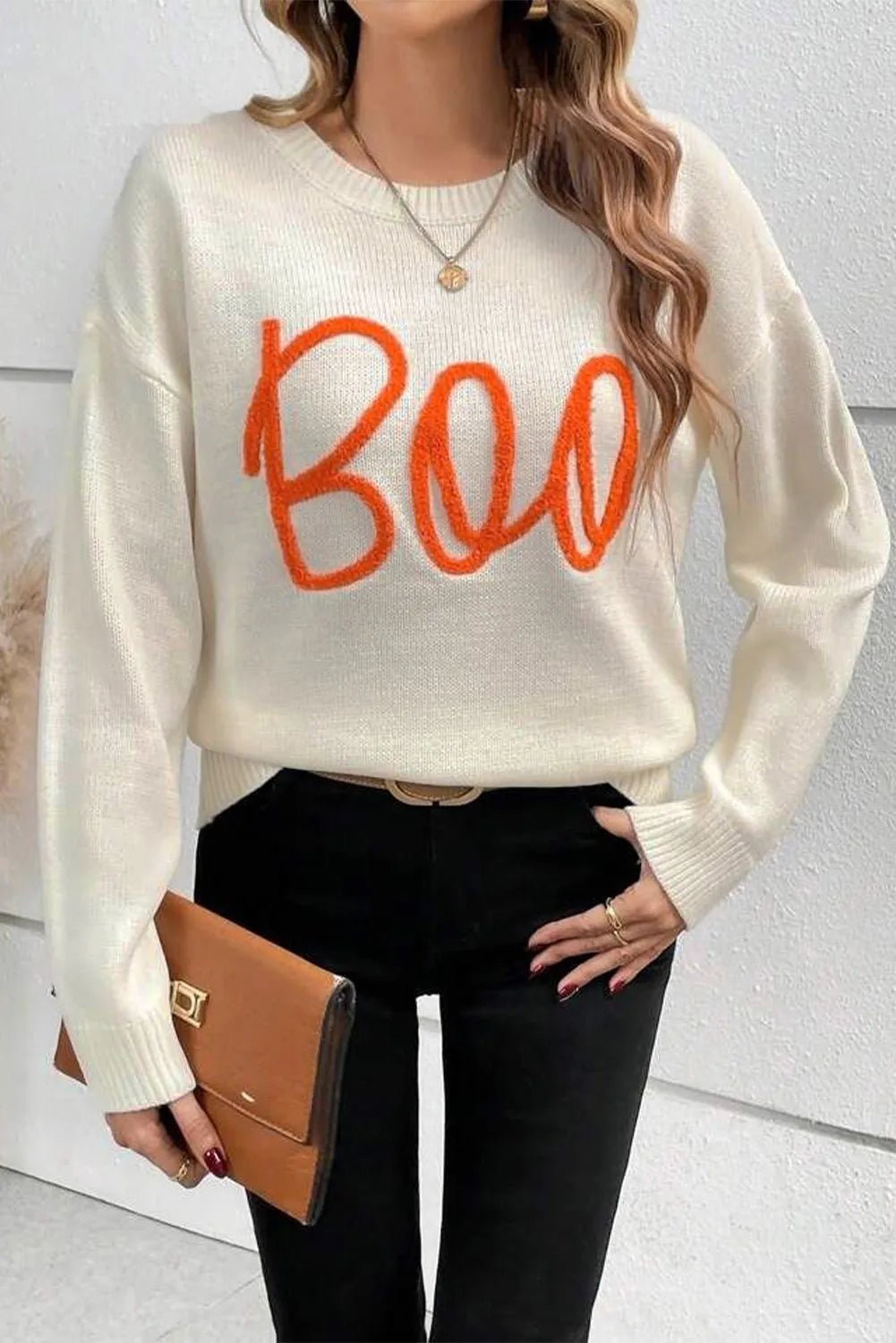 BOO Round Neck Long Sleeve Sweater - Blossoms&Moss