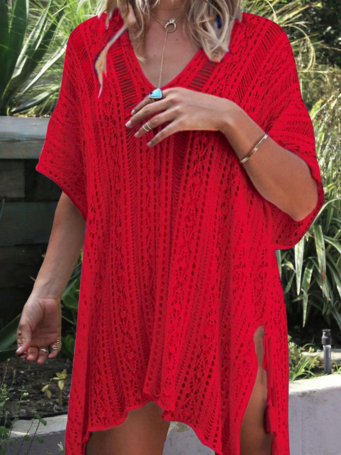 Cutout V - Neck Cover - Up with Tassel - Blossoms&Moss