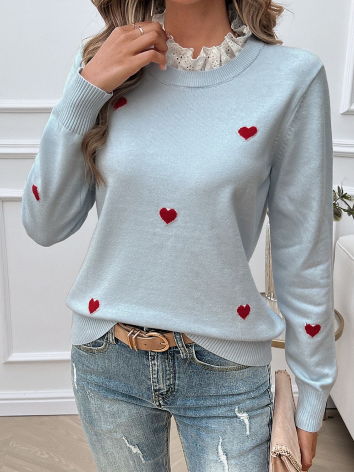 Devine Lace Detail Heart Long Sleeve Sweater - Blossoms&Moss