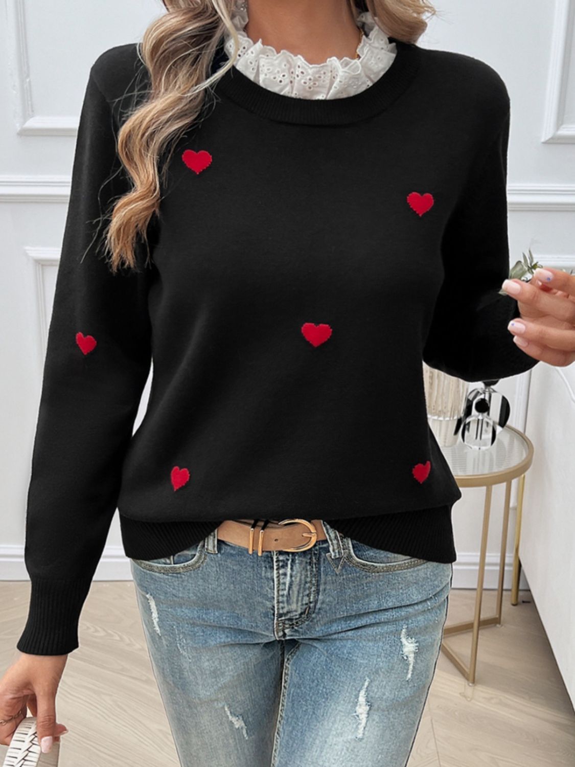 Devine Lace Detail Heart Long Sleeve Sweater - Blossoms&Moss