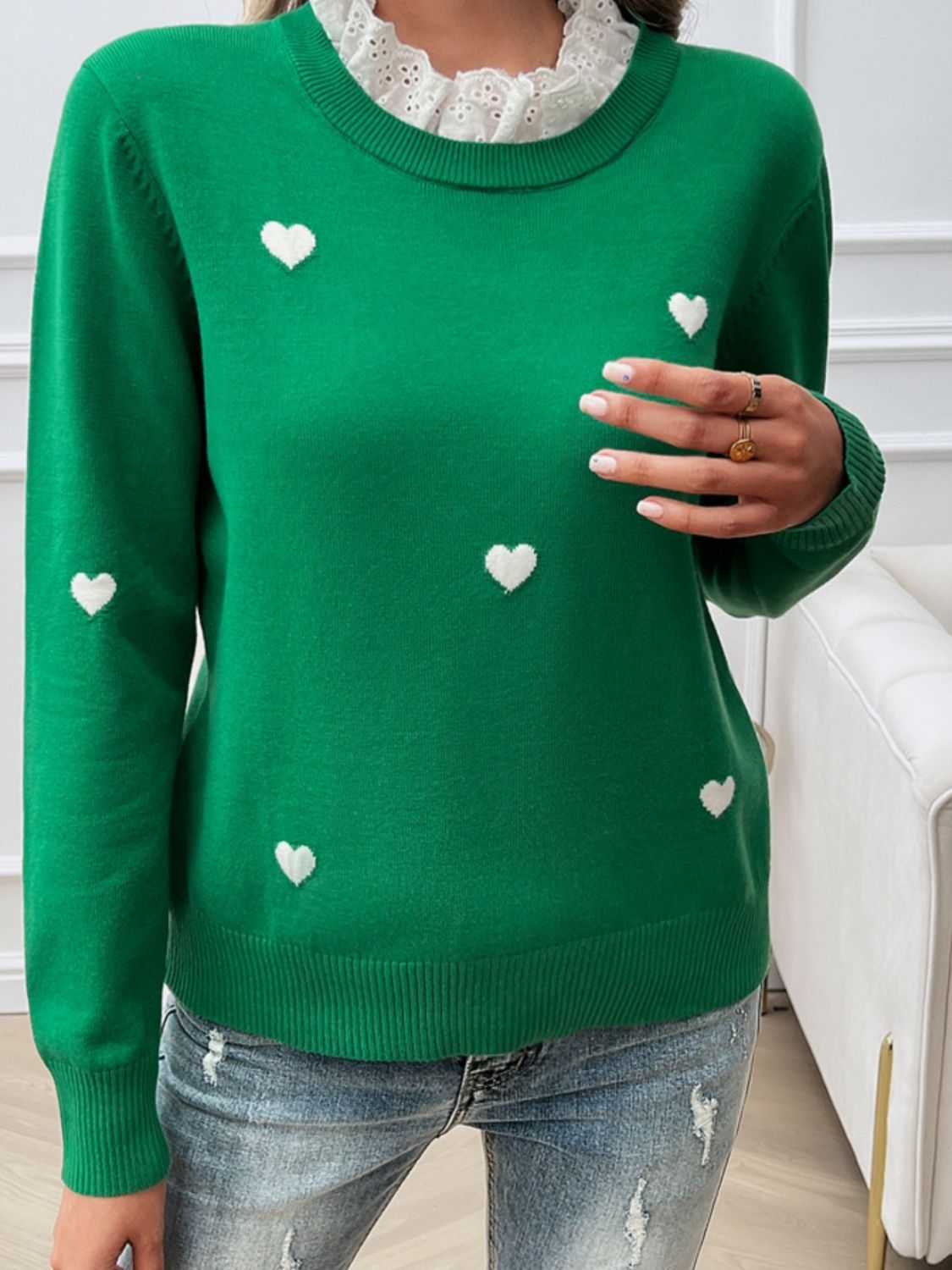 Devine Lace Detail Heart Long Sleeve Sweater - Blossoms&Moss