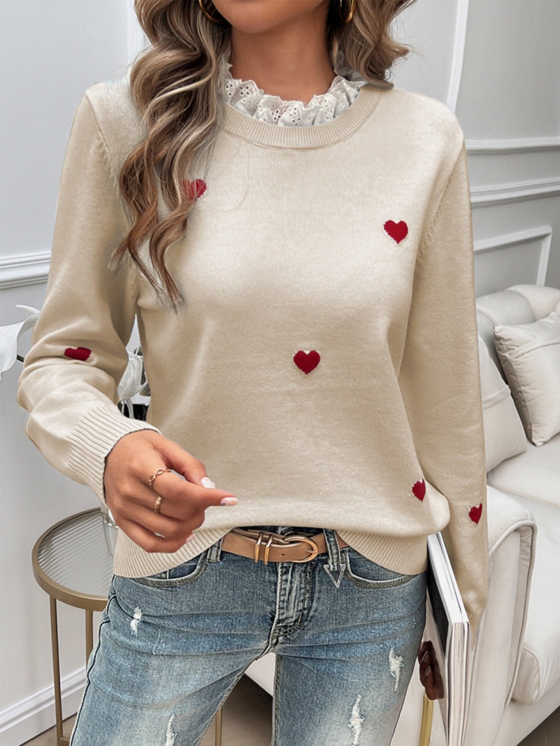 Devine Lace Detail Heart Long Sleeve Sweater - Blossoms&Moss