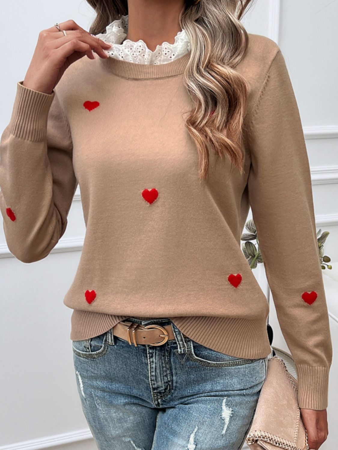 Devine Lace Detail Heart Long Sleeve Sweater - Blossoms&Moss