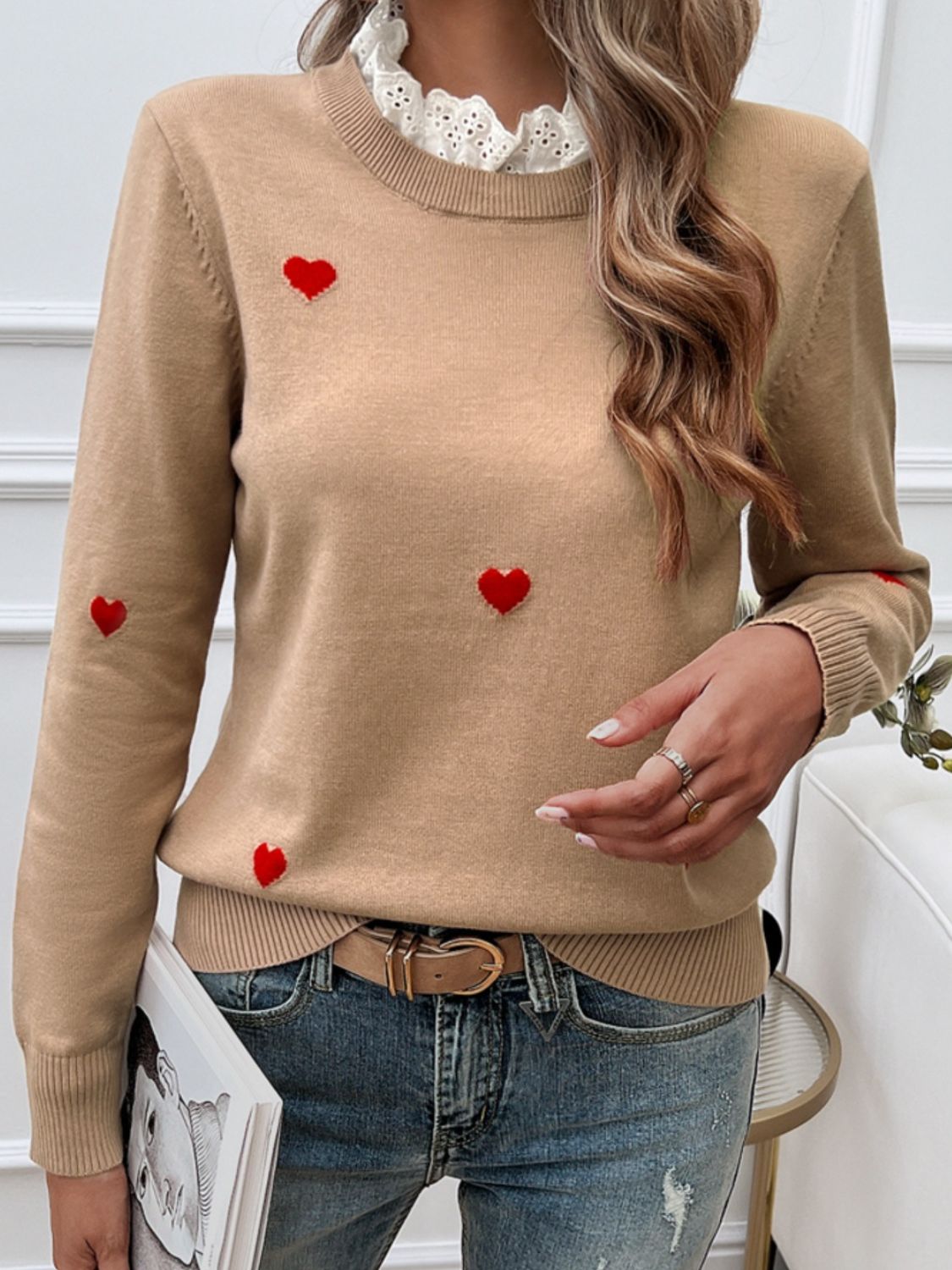 Devine Lace Detail Heart Long Sleeve Sweater - Blossoms&Moss