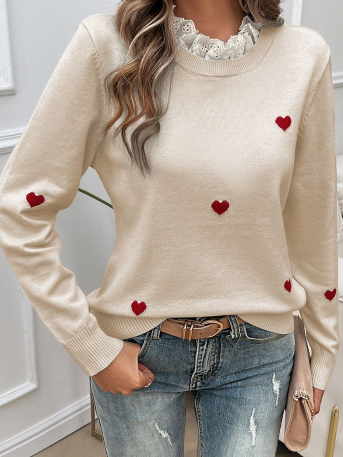 Devine Lace Detail Heart Long Sleeve Sweater - Blossoms&Moss