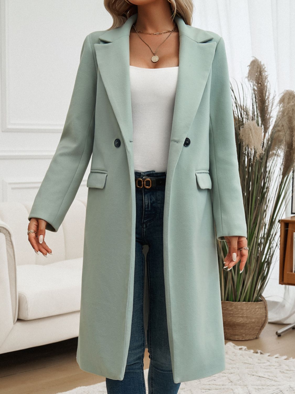 Devine Pocketed Collared Neck Long Sleeve Coat - Blossoms&Moss