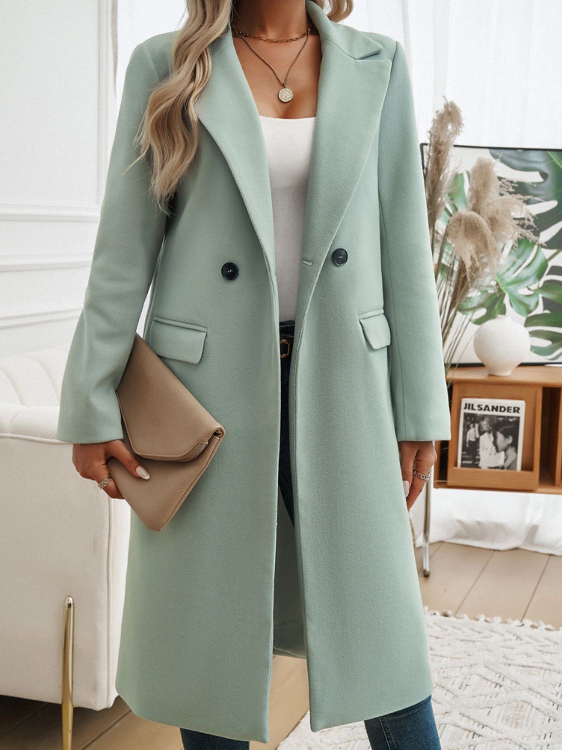 Devine Pocketed Collared Neck Long Sleeve Coat - Blossoms&Moss