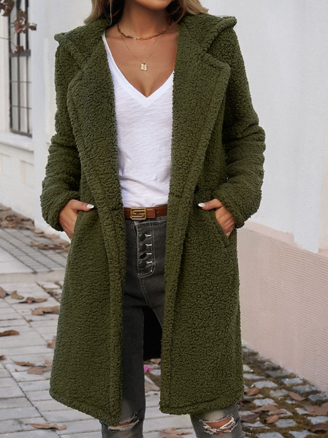 Devine Pocketed Long Sleeve Hooded Teddy Coat - Blossoms&Moss