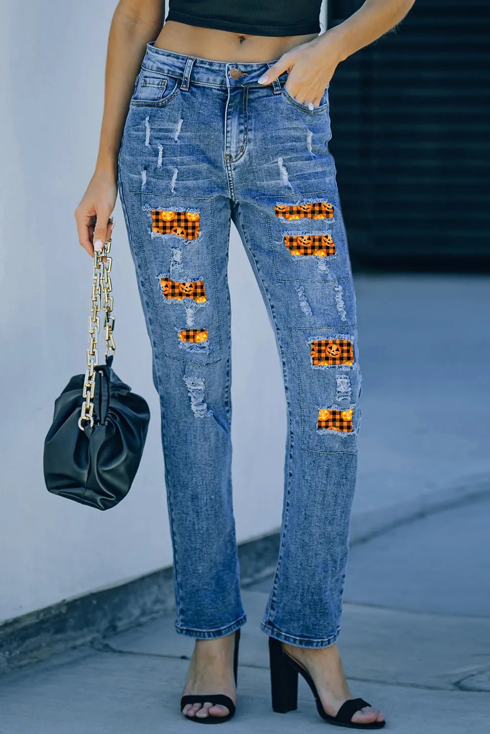 Distressed Pumpkin Pattern Jeans with Pockets - Blossoms&Moss