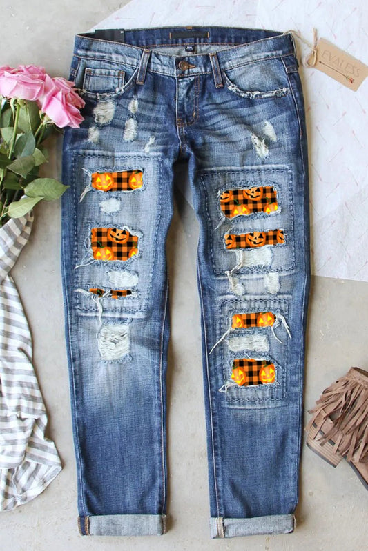 Distressed Pumpkin Pattern Jeans with Pockets - Blossoms&Moss