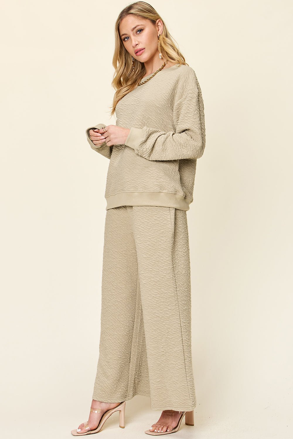 Double Take Full Size Texture Long Sleeve Top and Pants Set - Blossoms&Moss