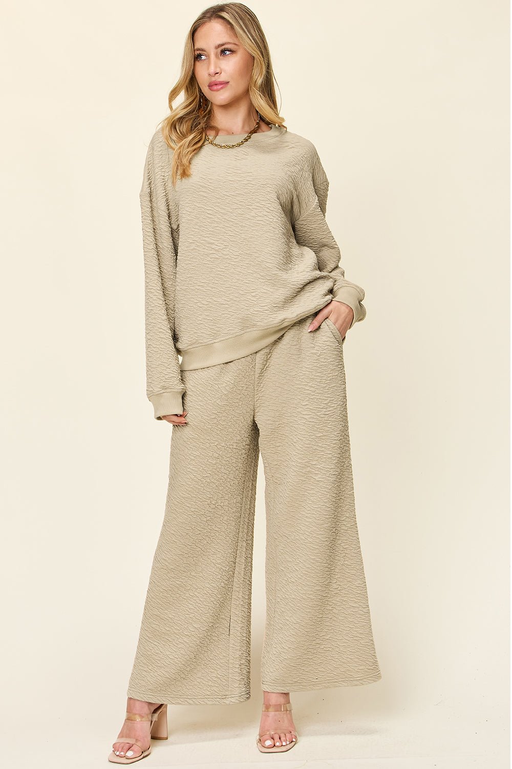 Double Take Full Size Texture Long Sleeve Top and Pants Set - Blossoms&Moss