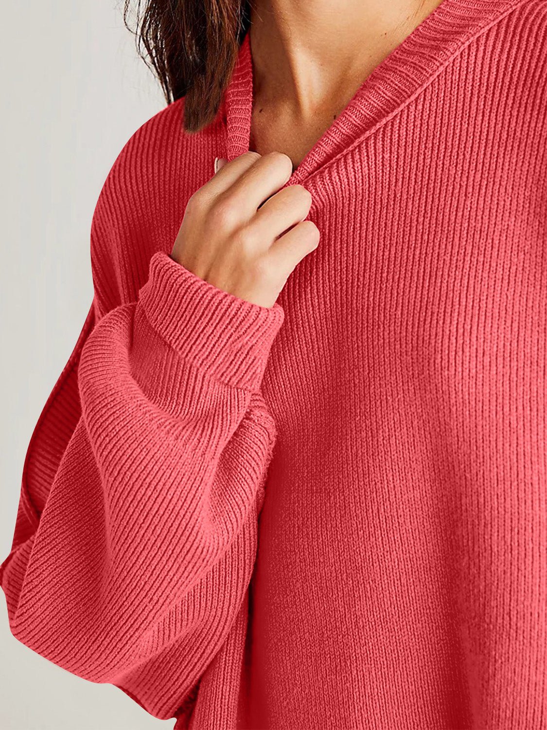 Double Take Side Slit Round Neck Long Sleeve Sweater - Blossoms&Moss