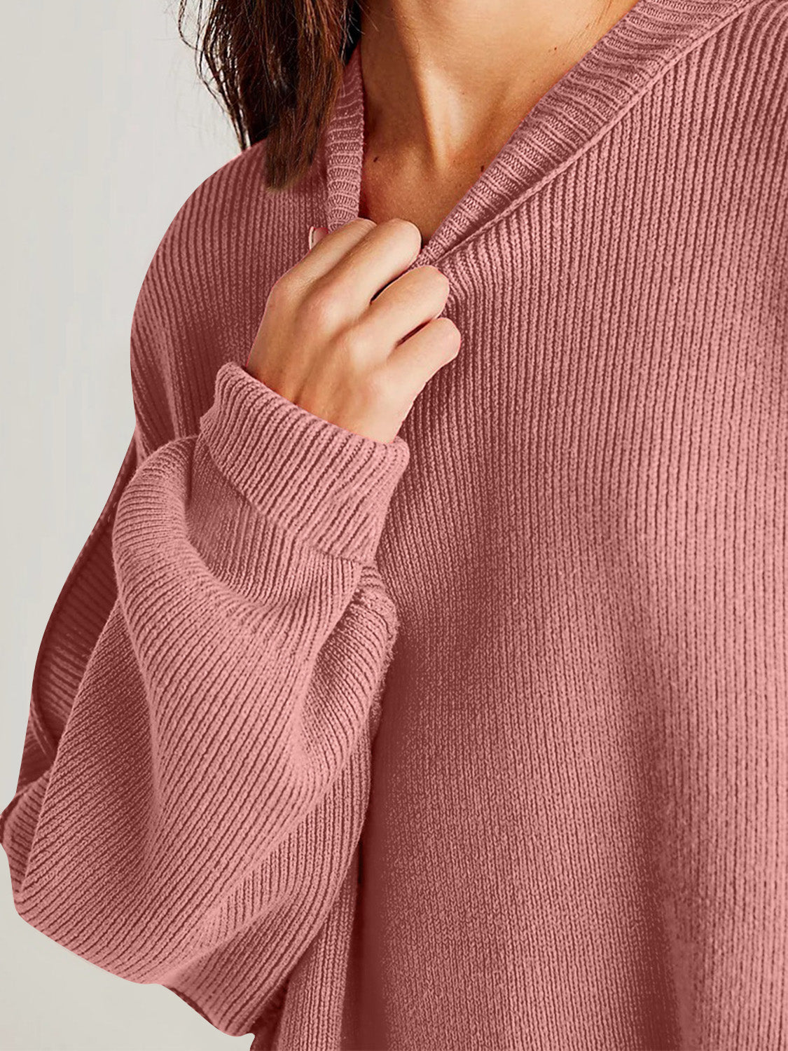 Double Take Side Slit Round Neck Long Sleeve Sweater - Blossoms&Moss